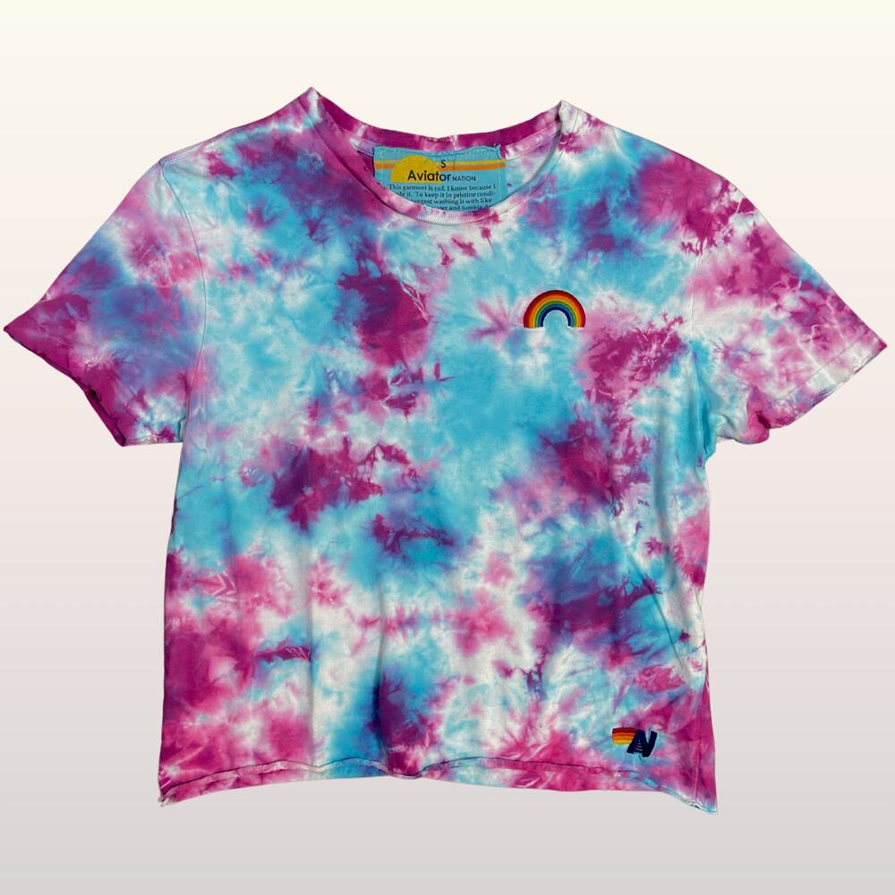 Aviator Nation Tie Dye Rainbow Boxy Tee size Small Pink Blue Purple Cropped